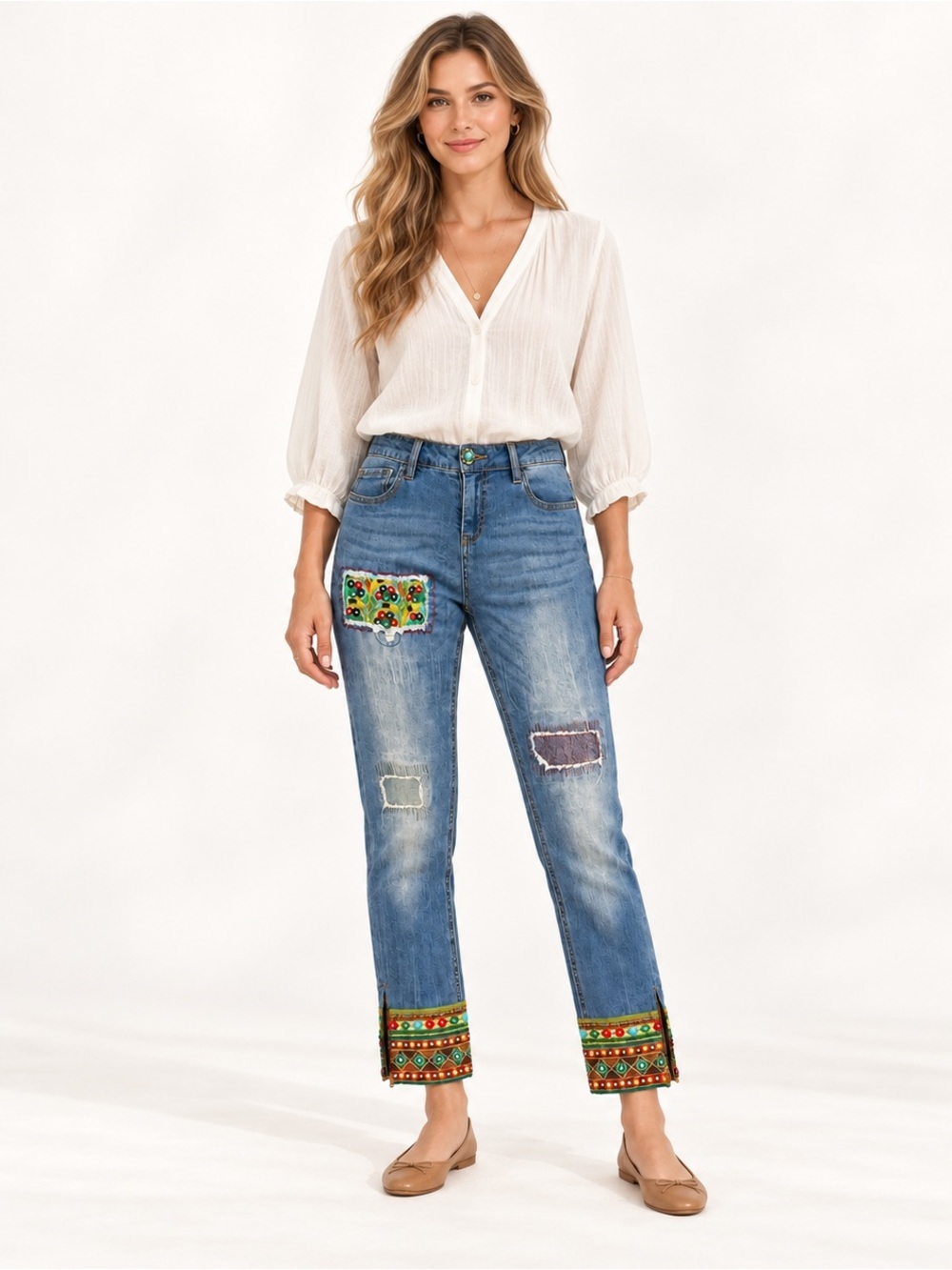 Desigual Women’s Embroidered Boho Ankle Jeans Size 29 Distressed Zipper Cuff